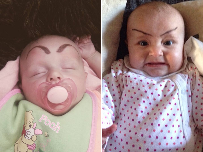Babies With Eyebrows Drawn On Their Faces.