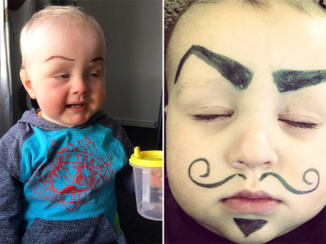 Babies With Eyebrows Drawn On Their Faces.