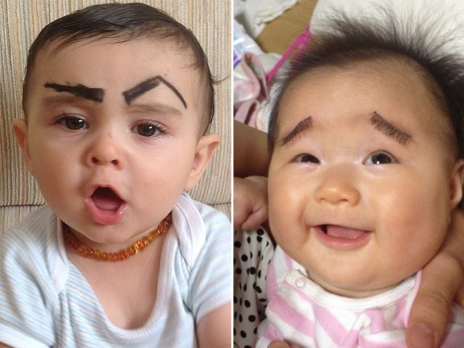 Babies With Eyebrows Drawn On Their Faces.