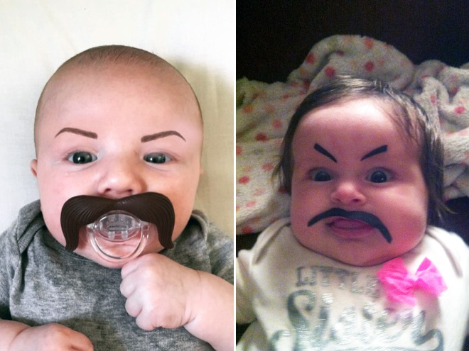 Babies With Eyebrows Drawn On Their Faces.