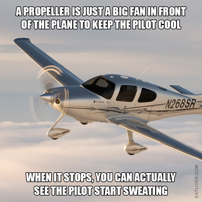 A propeller is just a big fan in front of the plane to keep the pilot cool. When it stops, you can actually see the pilot start sweating.
