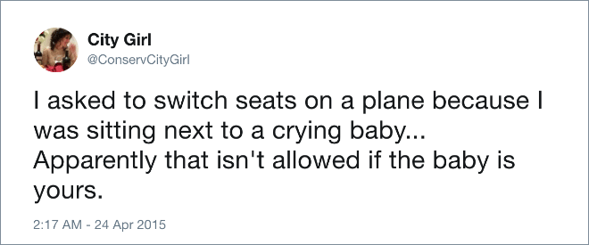 I asked to switch seats on a flight because of a crying baby. Turns out it's not allowed if the baby is yours.