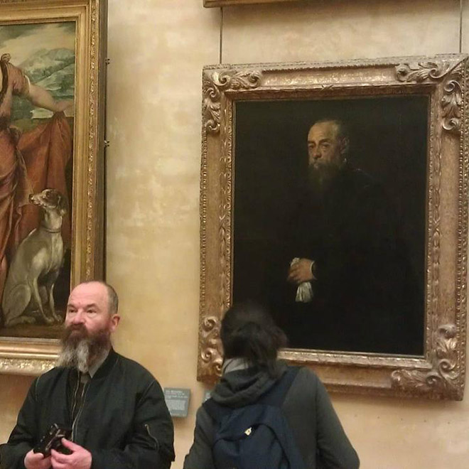 Bearded man and his painting doppelgänger.