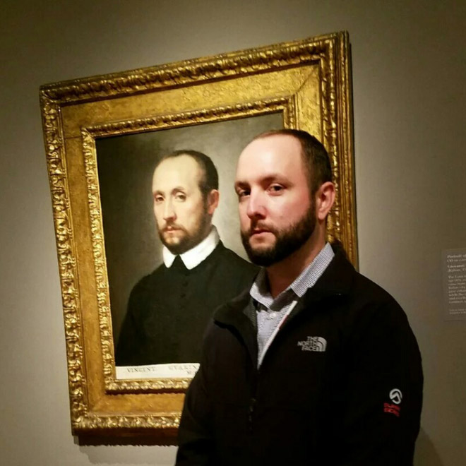 Bearded guy and his painting look-a-like.