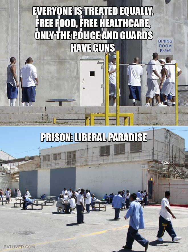 Everyone is treated equally, free food, free healthcare, only the police and guards have guns.