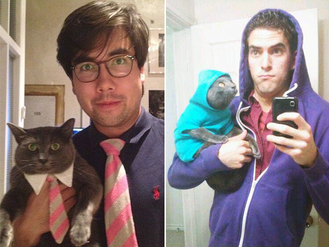 Awkward guys posing with their cats.