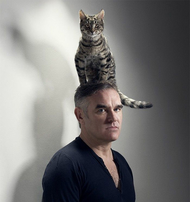 Morrissey posing with a cat on his head.
