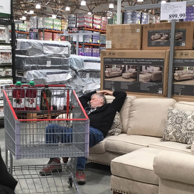 Exhausted man trapped in the mall.