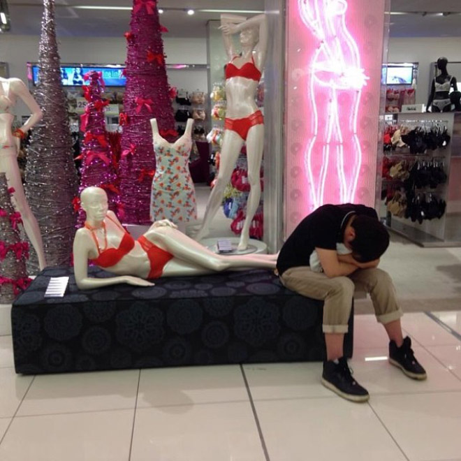 Poor dude stuck in the shopping hell.