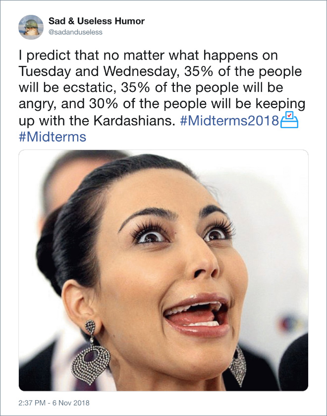 I predict that no matter what happens on Tuesday and Wednesday, 35% of the people will be ecstatic, 35% of the people will be angry, and 30% of the people will be keeping up with the Kardashians.