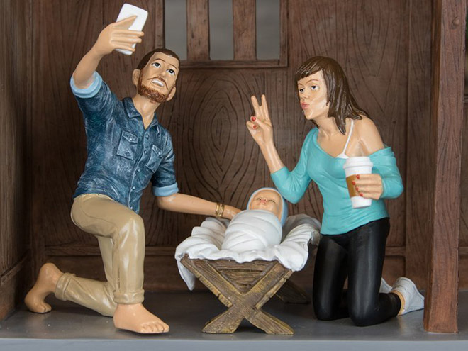 Hipster nativity scene.