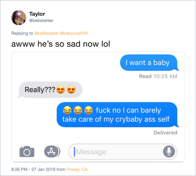 Hilarious answer to "I want a baby" text from girlfriend.