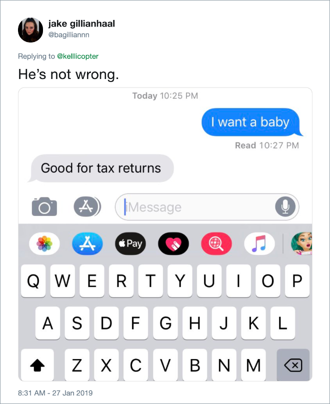Awesome answer to "I want a baby" text from girlfriend.