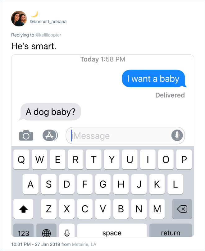 Hilarious answer to "I want a baby" text from girlfriend.