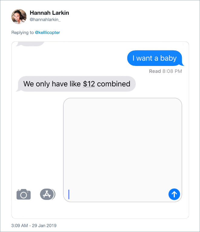 Funny answer to "I want a baby" text from girlfriend.
