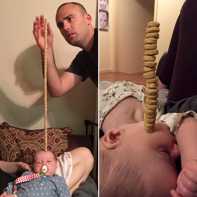 Weird viral trend: stacking Cheerio on babies.