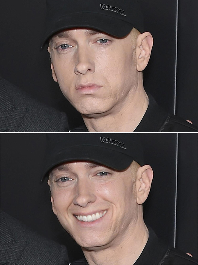 Eminem looks really creepy with a photoshopped smile.