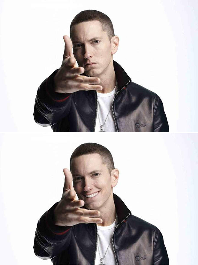 Eminem looks really creepy with a photoshopped smile.