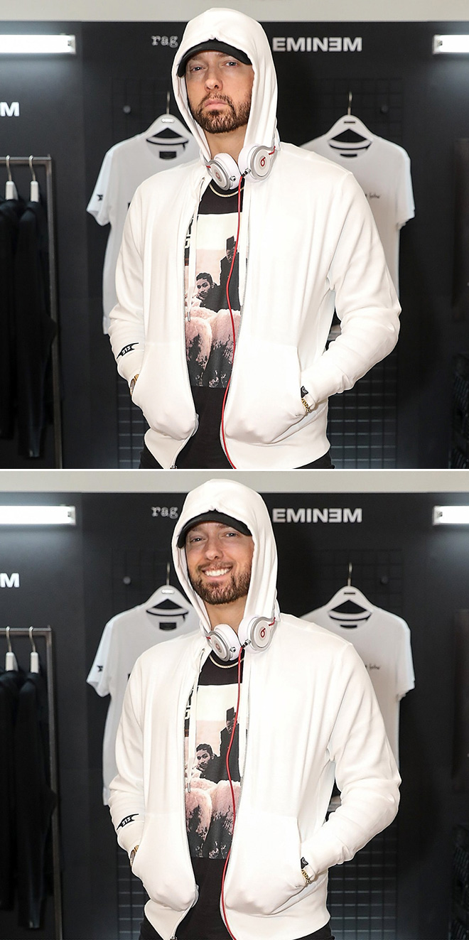 Eminem looks really creepy with a photoshopped smile.