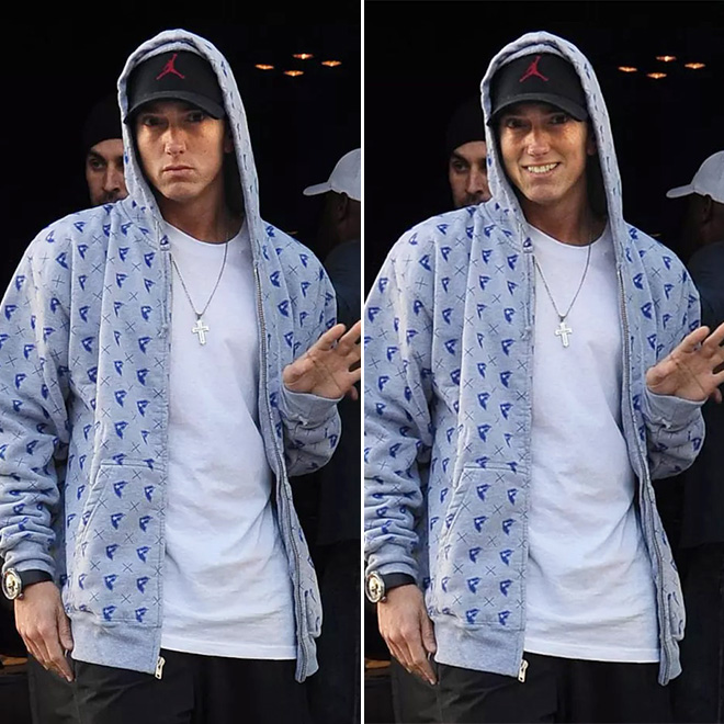 Eminem looks really creepy with a photoshopped smile.