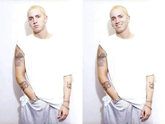 Eminem looks really creepy with a photoshopped smile.