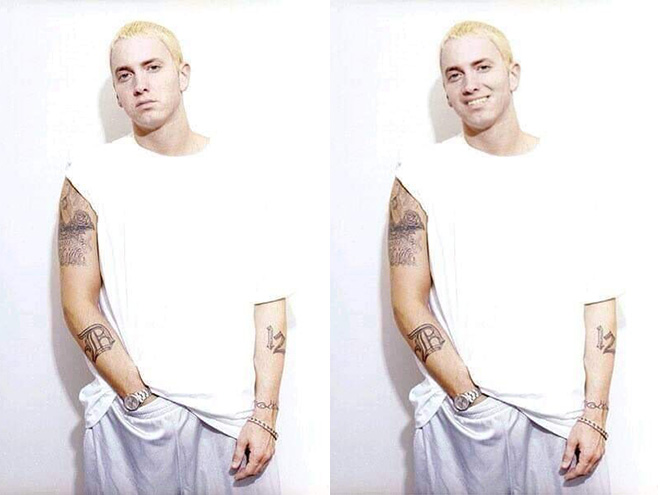 Eminem looks really creepy with a photoshopped smile.