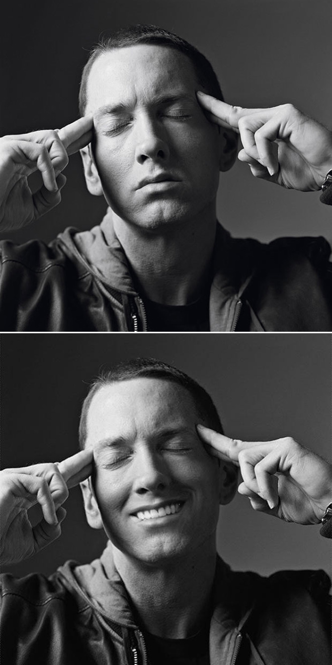 Eminem looks really creepy with a photoshopped smile.