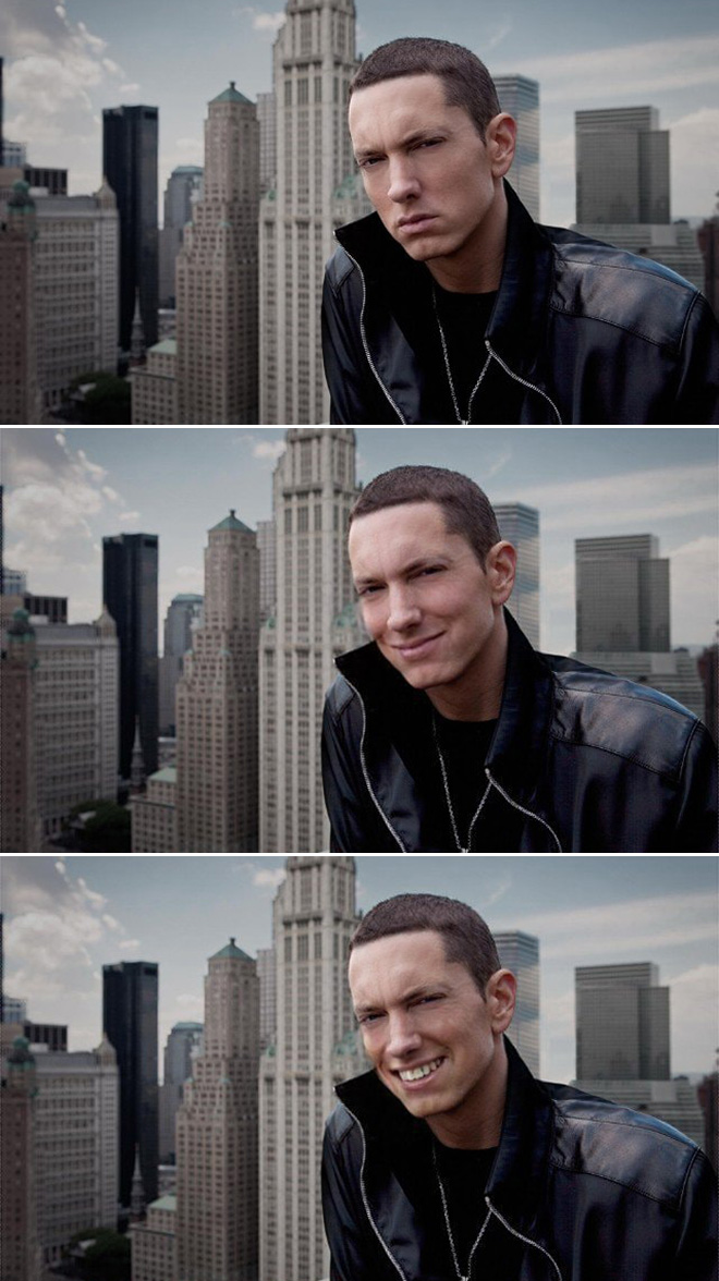 Eminem looks really creepy with a photoshopped smile.