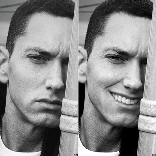 Eminem looks really creepy with a photoshopped smile. 