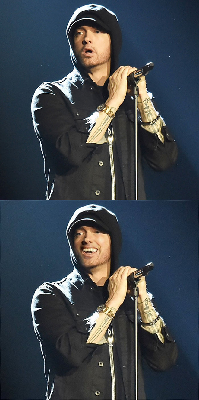 Eminem looks really creepy with a photoshopped smile.