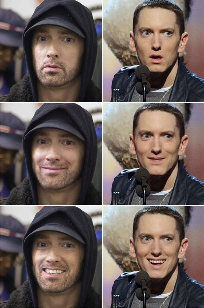 Eminem looks really creepy with a photoshopped smile.