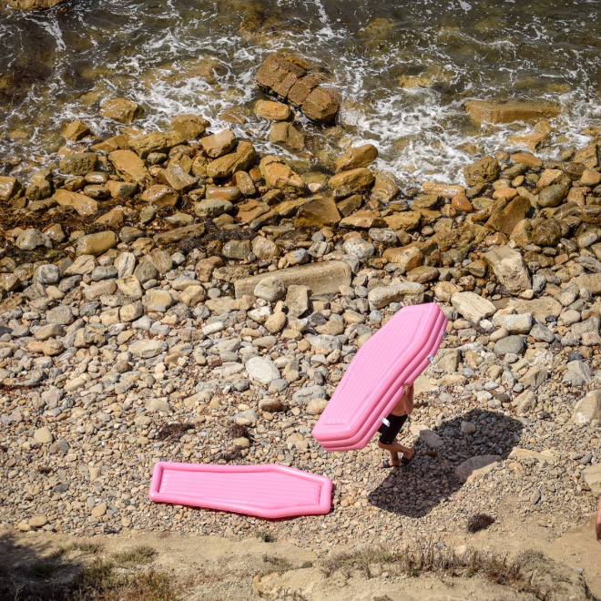 Just in time for Summer: pink coffin floatie.