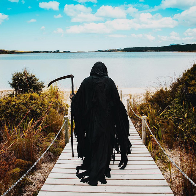 New Zealand's water safety mascot: The Swim Reaper.