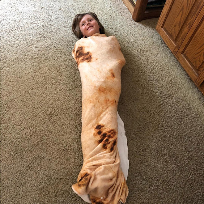 Funny blanket that looks like a burrito.