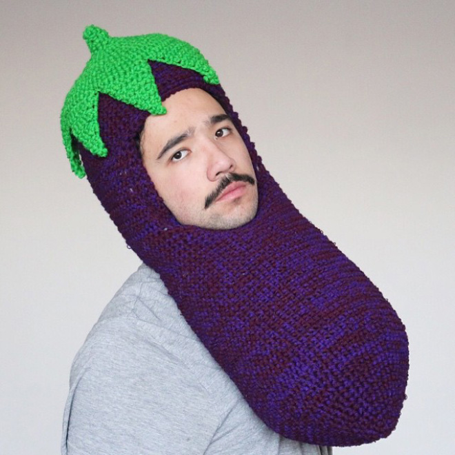 Hilarious crocheted food hat.