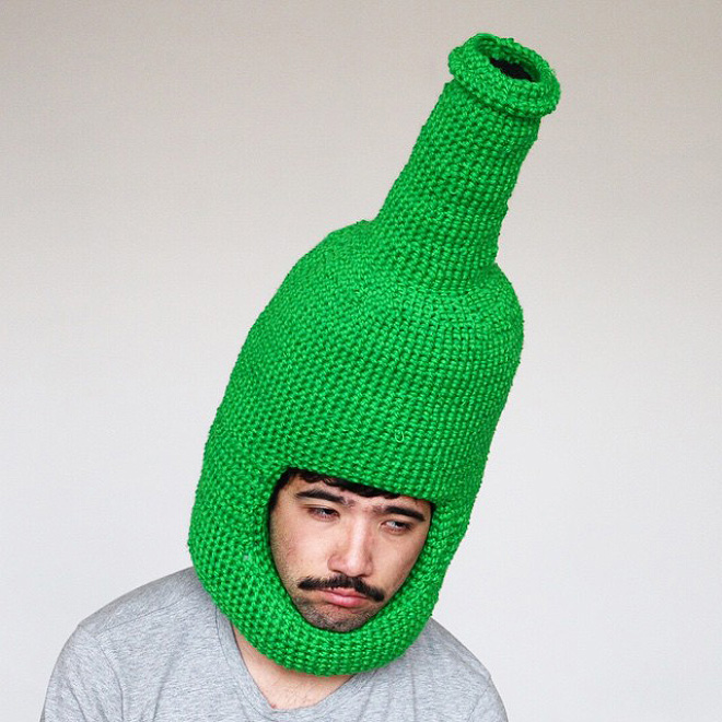 Hilarious crocheted food hat.