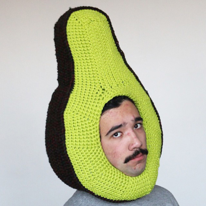 Hilarious crocheted food hat.