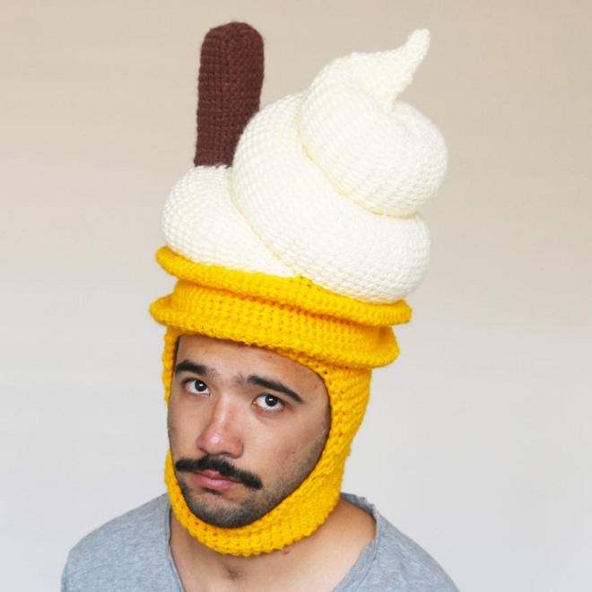 Hilarious crocheted food hat.