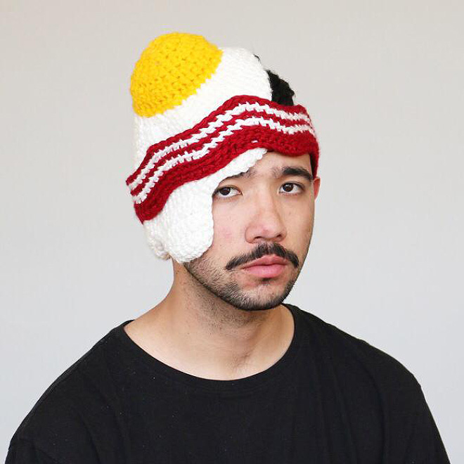 Hilarious crocheted food hat.