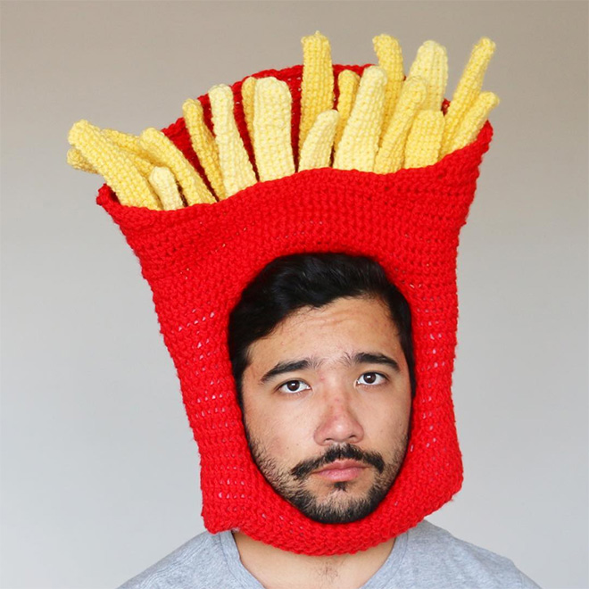 Hilarious crocheted food hat.