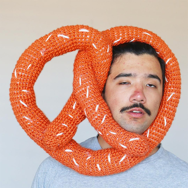 Hilarious crocheted food hat.