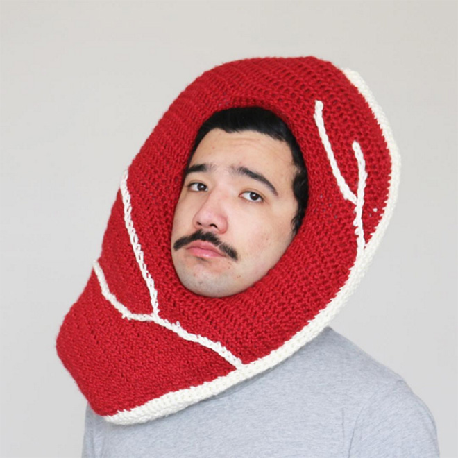 Hilarious crocheted food hat.