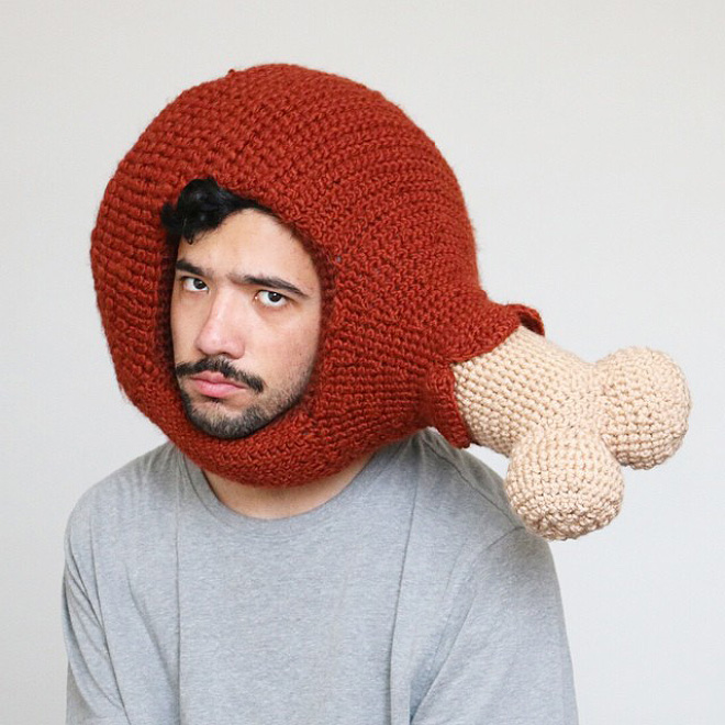 Hilarious crocheted food hat.