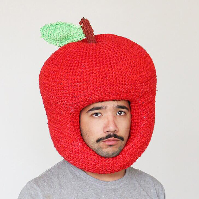 Hilarious crocheted food hat.