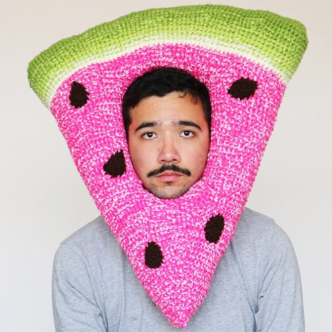 Hilarious crocheted food hat.