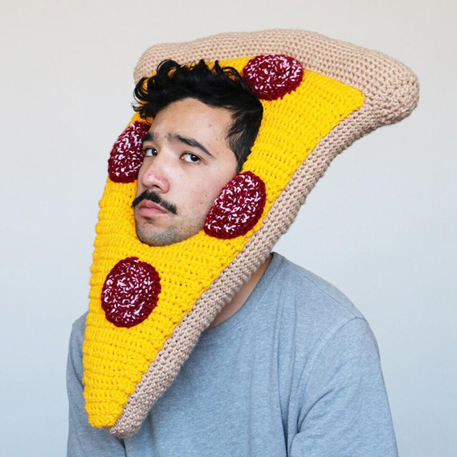 Hilarious crocheted food hat.