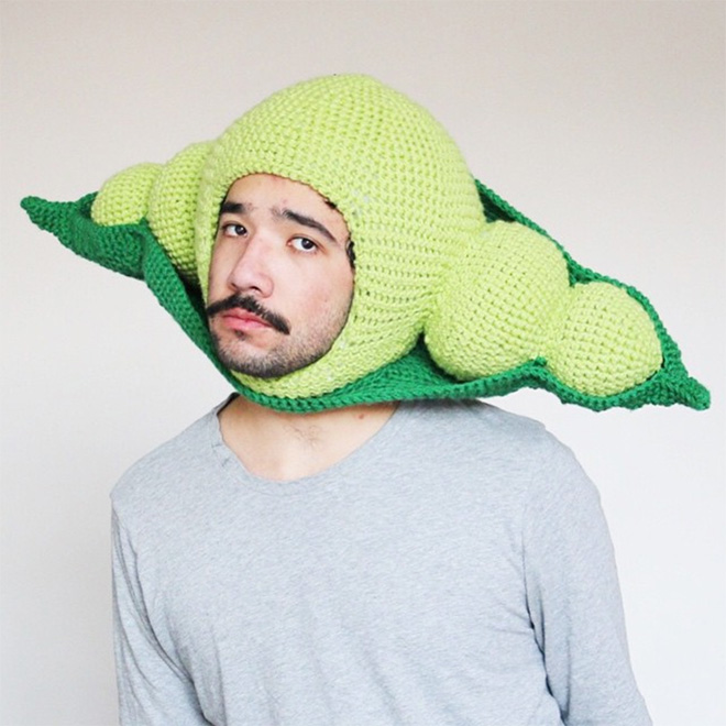 Hilarious crocheted food hat.