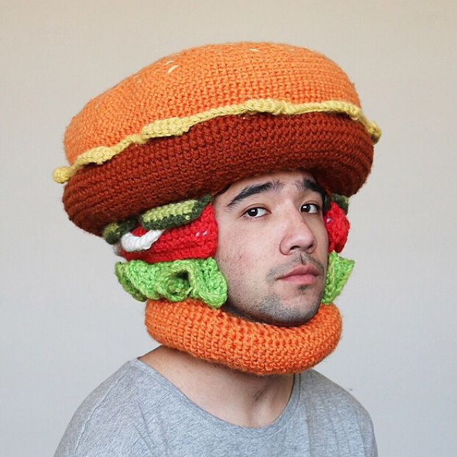 Hilarious crocheted food hat.