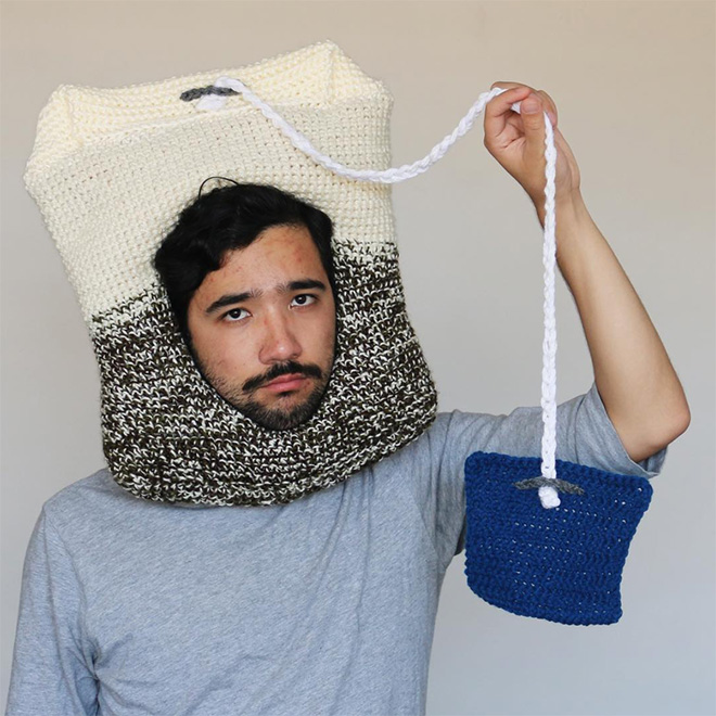 Hilarious crocheted food hat.