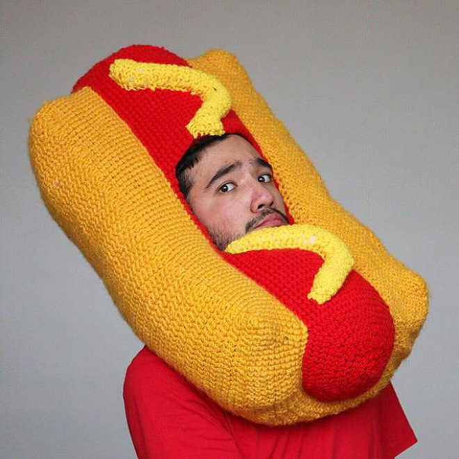 Hilarious crocheted food hat.